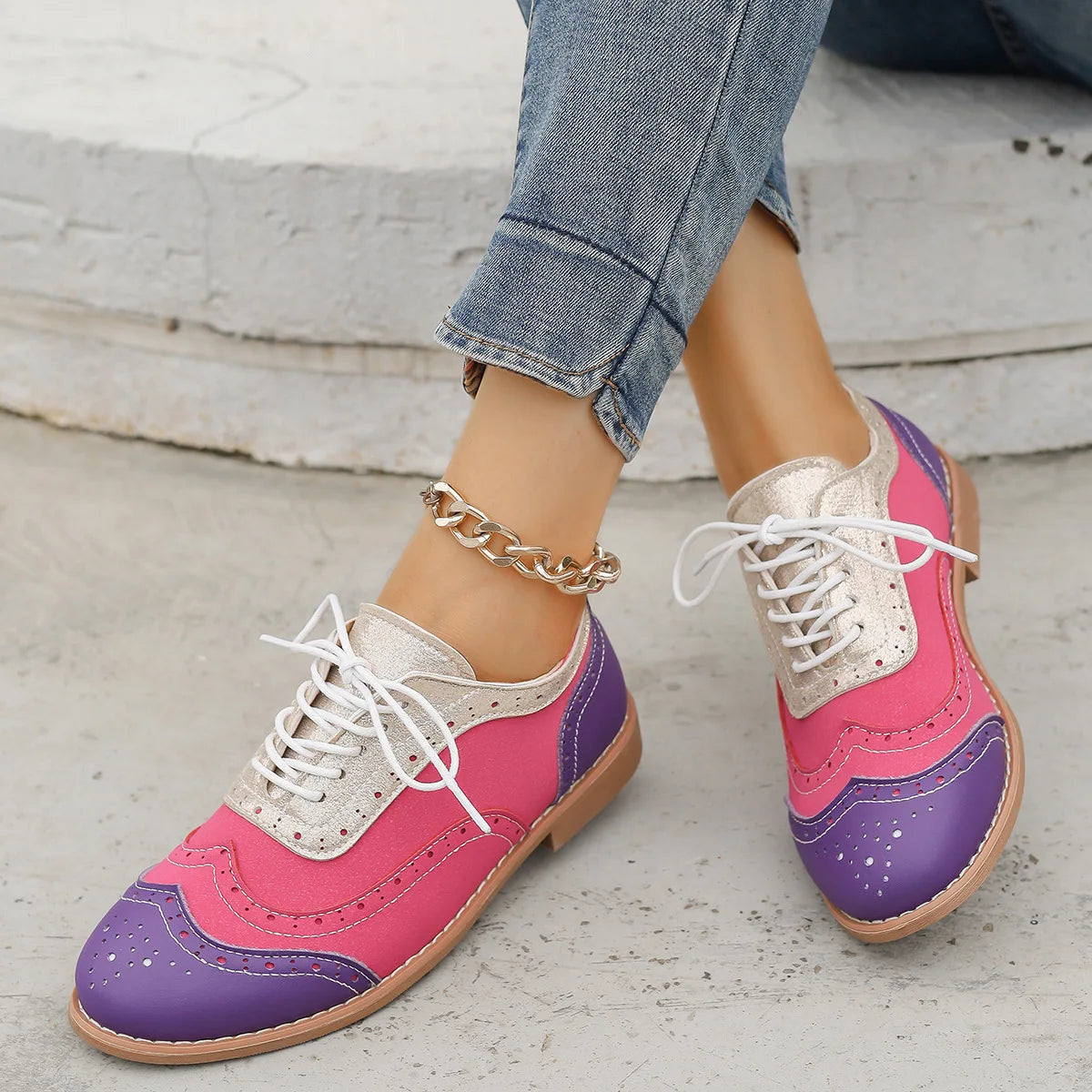 Ingvn  Big Size Shoes Woman Round Toe Female Footwear British Style Oxfords Mixed Colors Low Heels Casual Sneaker New DressSingle Shoes