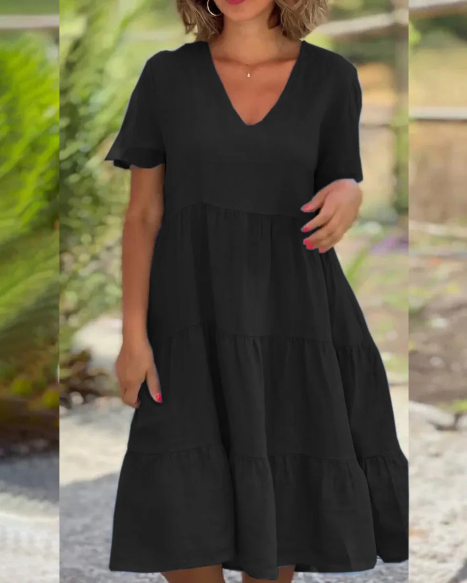 Ingvn  New European and American Summer Women's Clothing Fresh and Sweet V-neck Solid Color Large Sway Casual Skirt Dress