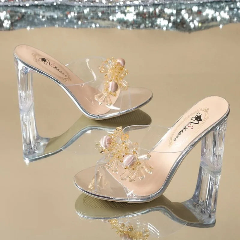 Ingvn  Women's Slippers Women Fashionable New Summer High-heeled  Female  Influencer Crystal Thick-heeled Transparent Women's Sandals