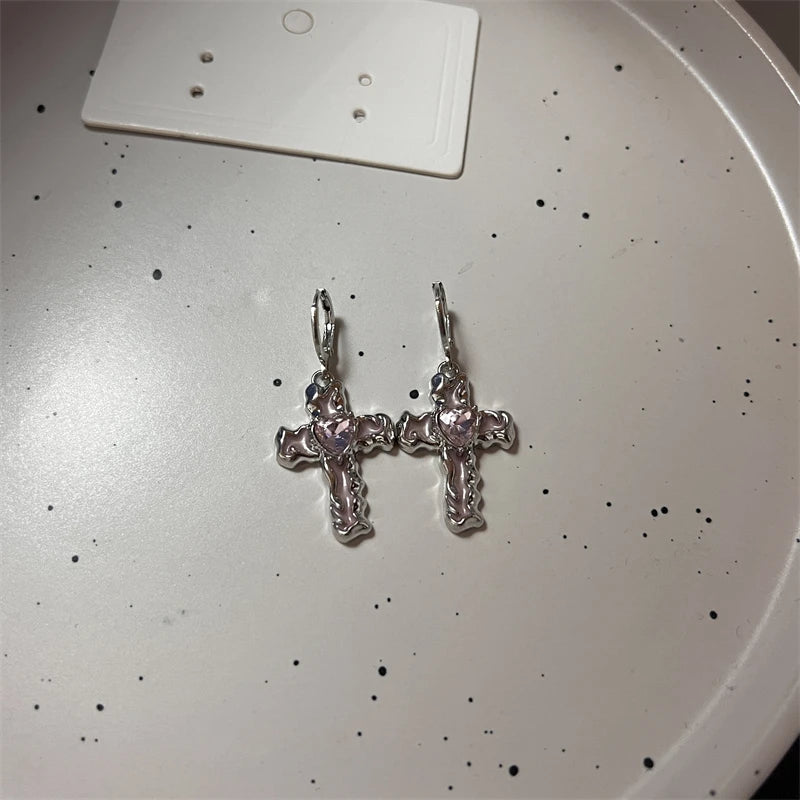 Korean Fashion Pink Crystal Star Heart Cross Earrings for Women Drop Earrings for Piercing Earrings Party Aesthetic Jewelry