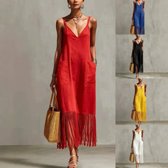 Ingvn  Women's Sleeveless V Neck Tassel Long Dress Fringe Hem Summer Casual Loose Dress  Strap Vacation Sundress with Pockets