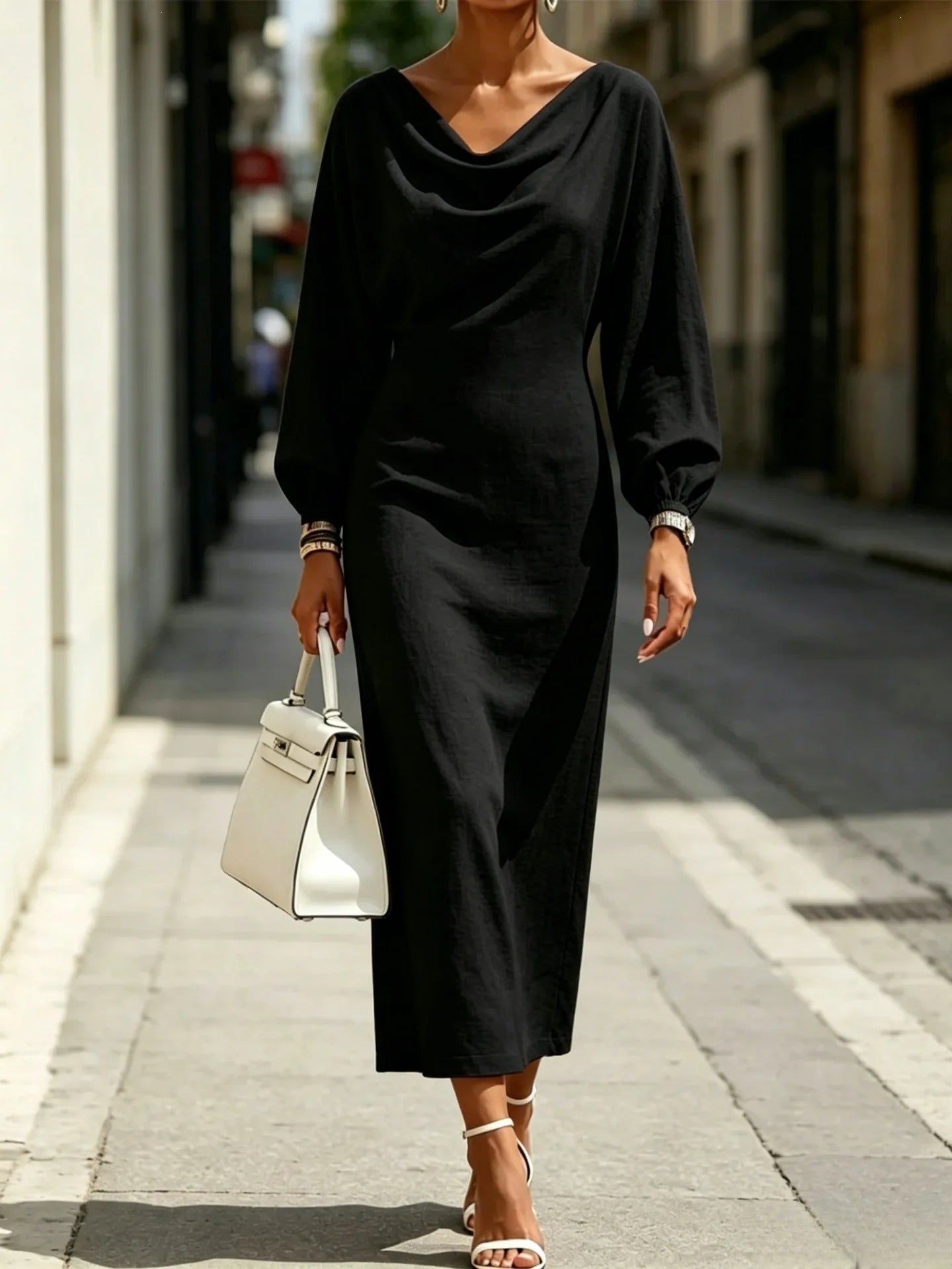 Ingvn - Street Fashion Women's Slim Fit Dress Long Sleeve Daily Wear Summer Dress Gentle Style High Waist Batwing Sleeve