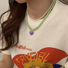 Ingvn  New Color Beaded Chain Resin Heart Pendant Necklace For Women Girls Trendy Clavicle Chain Delicate Jewelry Gift