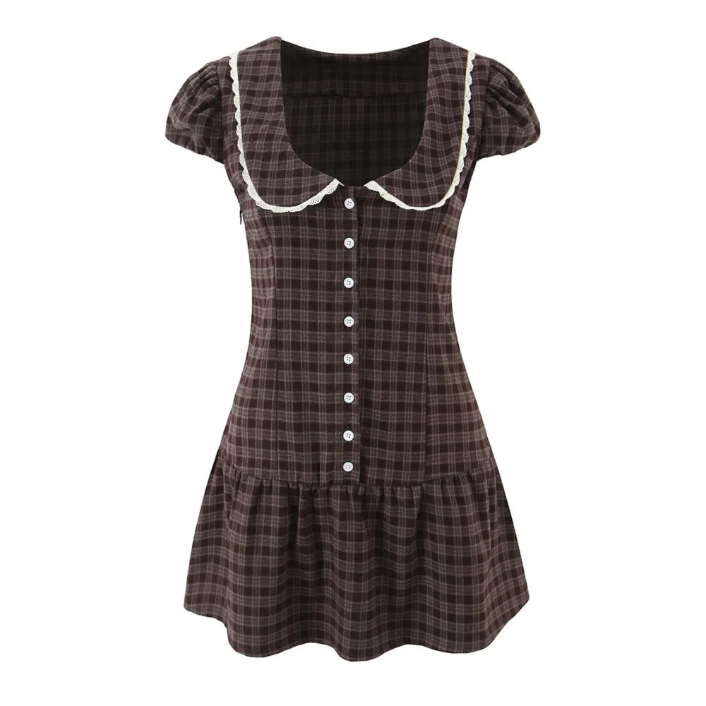 Ingvn  Retro Checked Plaid Spliced Lace Peter Pan collar Short Puff Sleeve Mini Dress Women Open Buttons Low Waist A-line Dresses Robe