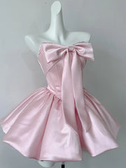 Ingvn  Summer French Elegant Sweet Princess Birthday Party Pink Dress Bow Strapless High Waist Lace-up Puffy Short Dress for Women