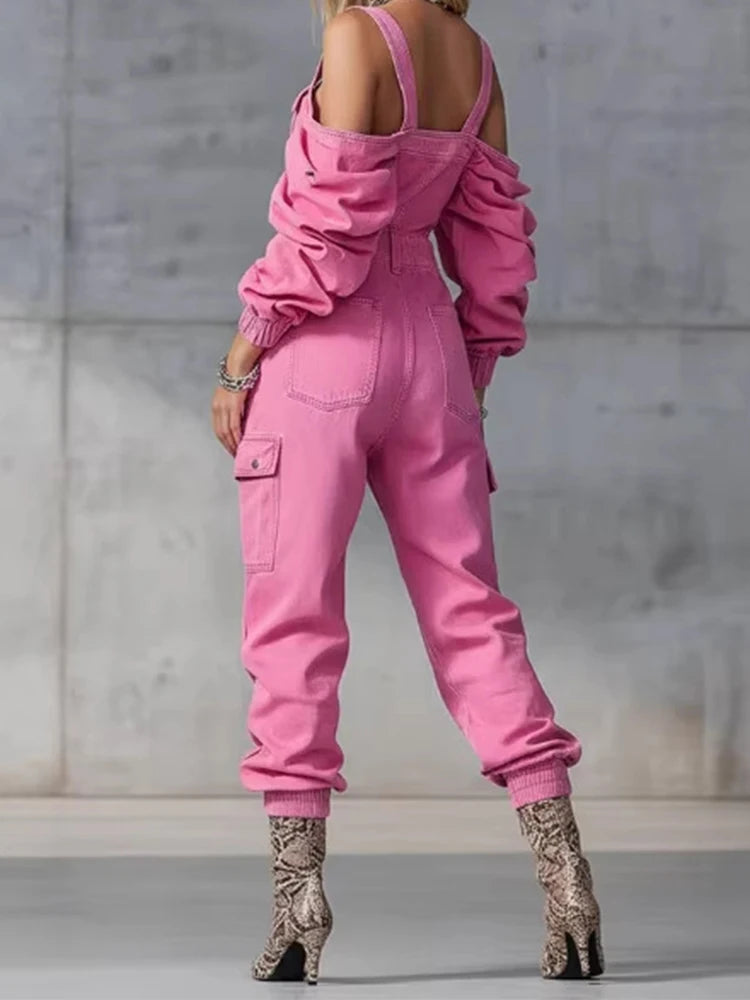 Ingvn  Fashion Vintage Denim Jumpsuit Woman Solid Zipper Off-shoulder High Waist Loose Cargo Pants Romper Long Sleeve Overalls