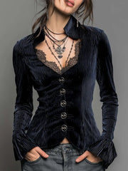Ingvn  Women's Gothic Elegant Striped Blouse Lace Trim Sexy V Neck Long Bell Sleeve Button Front Shirt Vintage Punk Party Tops