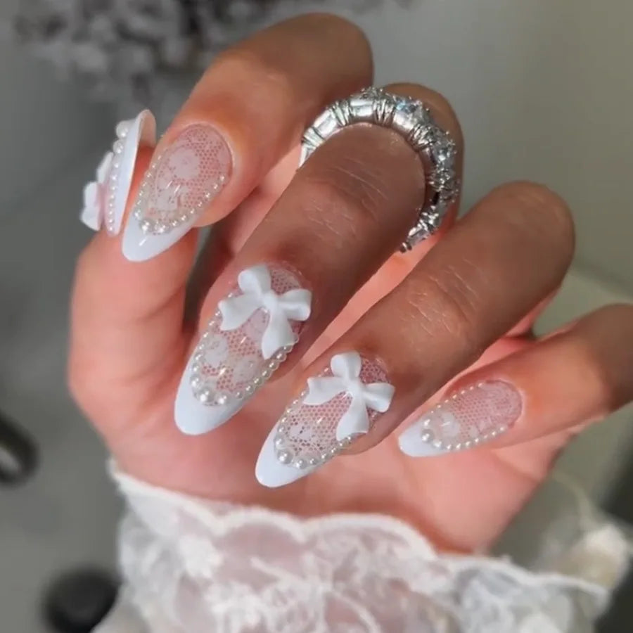 White French Press on Nails 3D Bowknot Designs Nude Color Fake Nails Wearable False Nails Tips for Women DIY Manicure 24Pcs