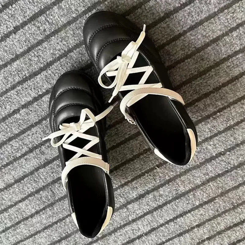 Ingvn  Spring Autumn Cross-tied Women Ballet Shoes Comfortable Round toe Mary Janes High heels Girls Loafers Shoes Zapatoe Tacon Mujer