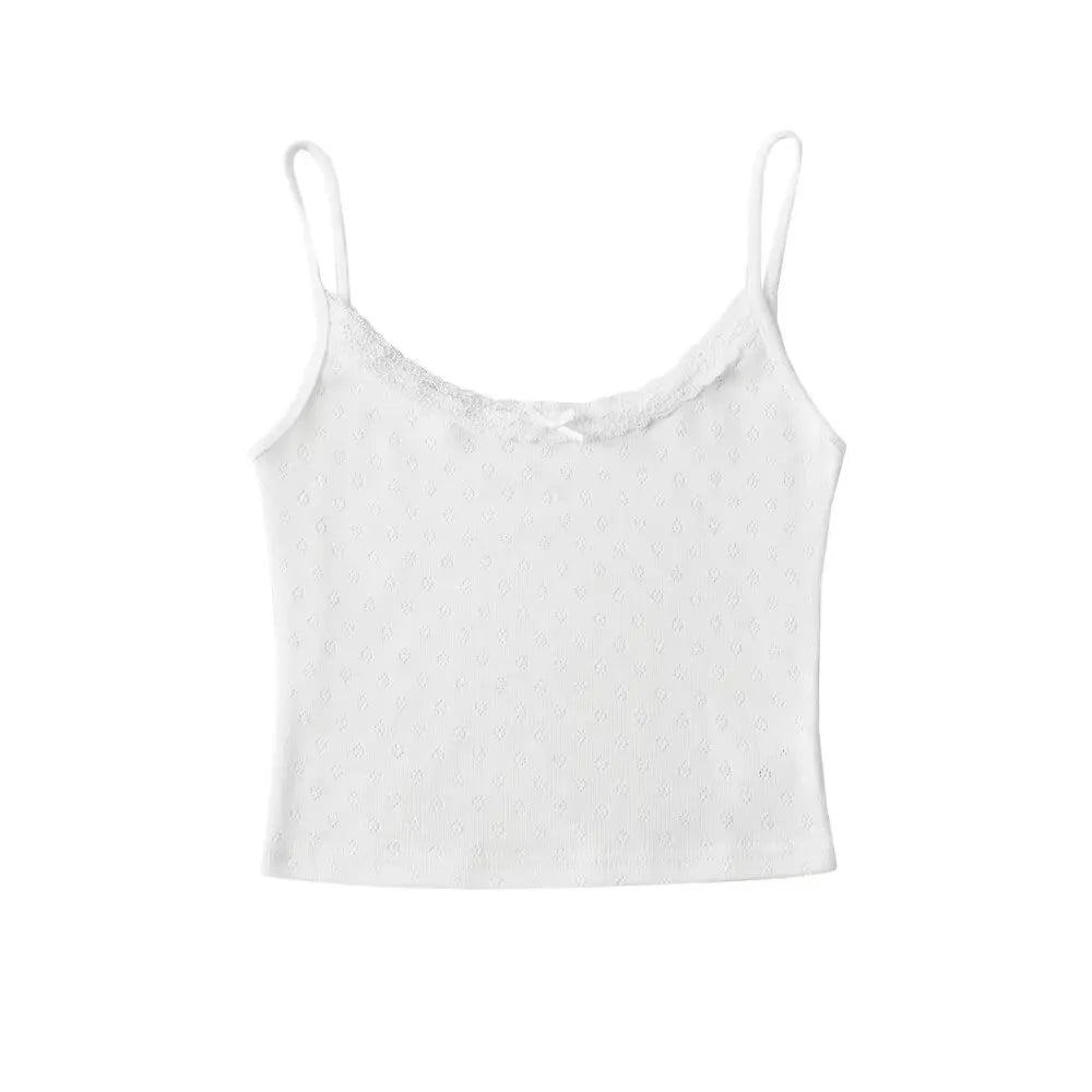Ingvn  4 colors Sexy Women White Bow O neck Knitted Hollow Out hole Tank Top Slim T-shirts Summer Girl Base Camisole Crop top