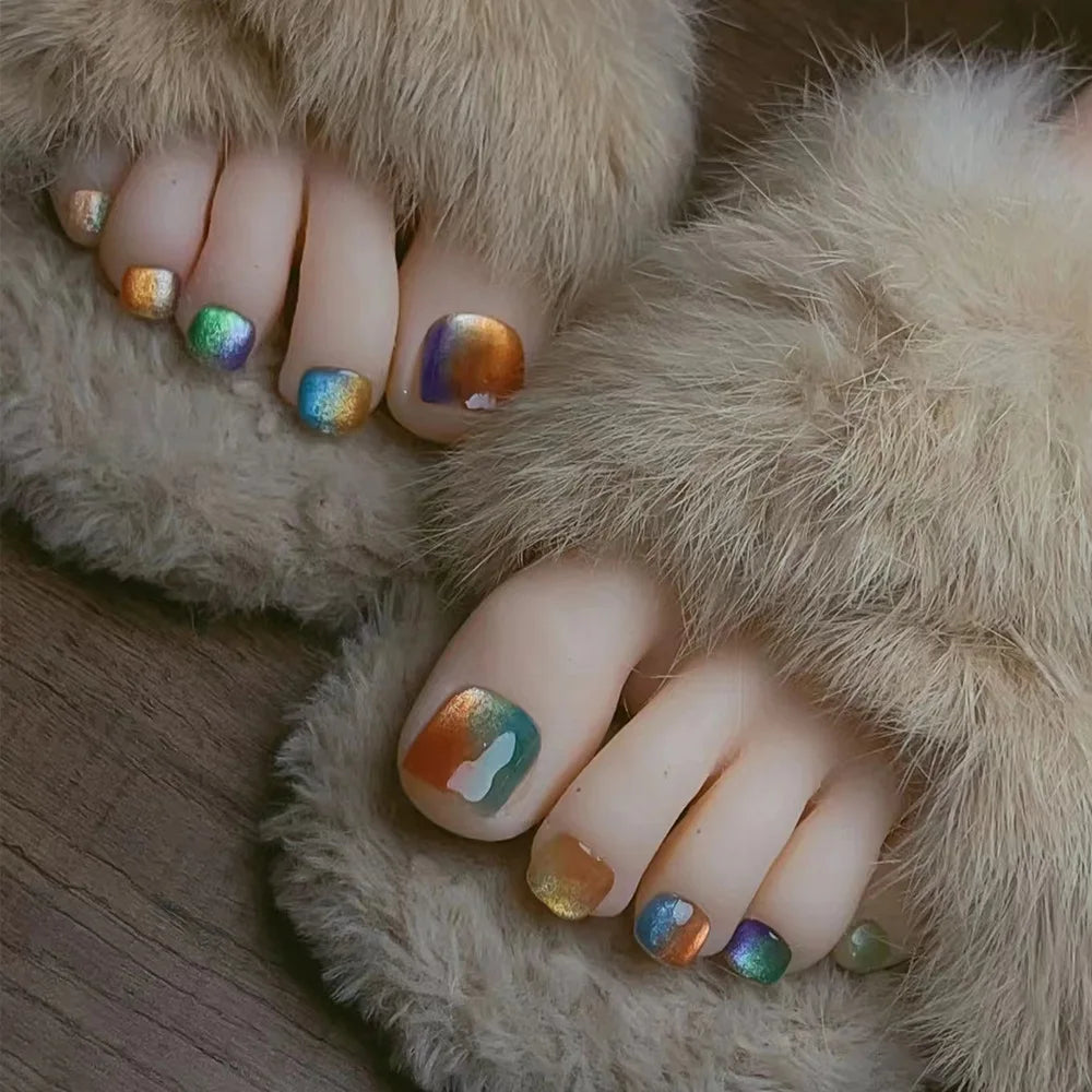 Ingvn  24Pcs Ins Colorful Rainbow Toe Nail Tips Wearable Short Square Head Press on False Nails Glitter Cat's Eye Fake Manicure Summer