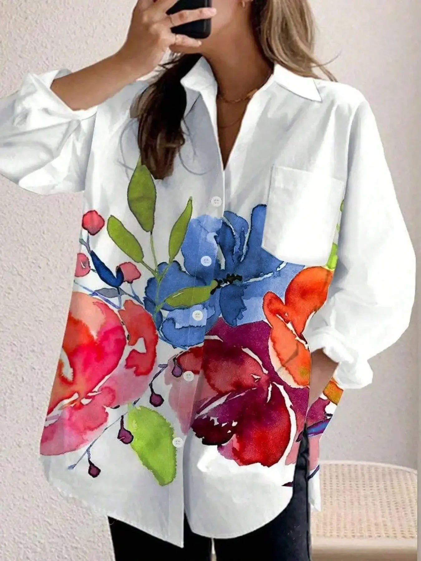 Ingvn  Plus Size Women's Fashion Spring   Autumn Floral Print Pocket Long Sleeved Casual Shirt Lapel Single Breasted Loose Blouse Shirt