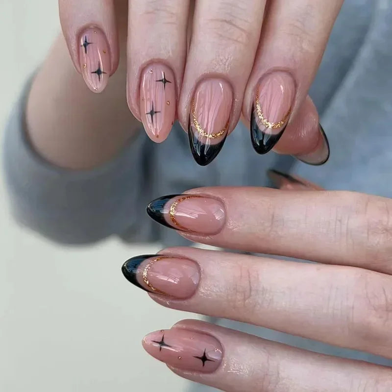 Ingvn  24Pcs Simple Green French False Nails Short Almond Fake Nails with Wave Line Design Wearable Round Head Press on Nail Tips