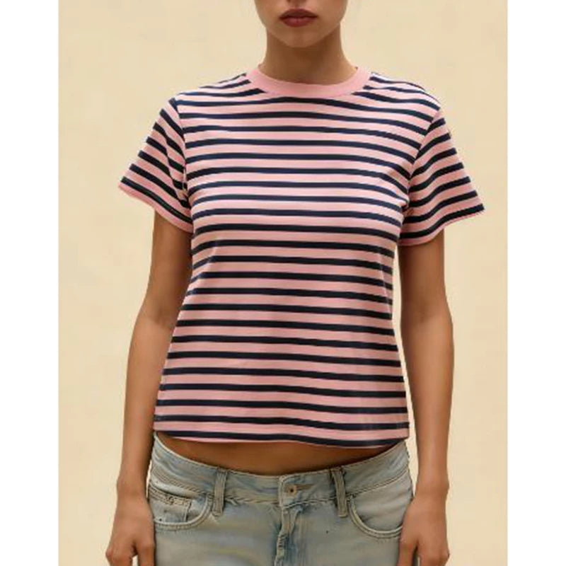 Ingvn  Women's Aesthetic Striped Print Crew Neck Baby Tee Y2k Cute Graphic Short Sleeve Slim Fitted Going Out Crop Top Shirt