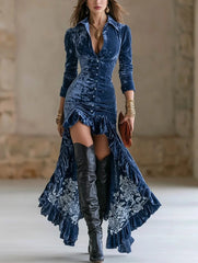Ingvn - Women Deep V Neck Long Sleeve Dress Autumn New Swing Pleated Long Dress Autumn Long Sleeve Elegant Party Irregular Dresses