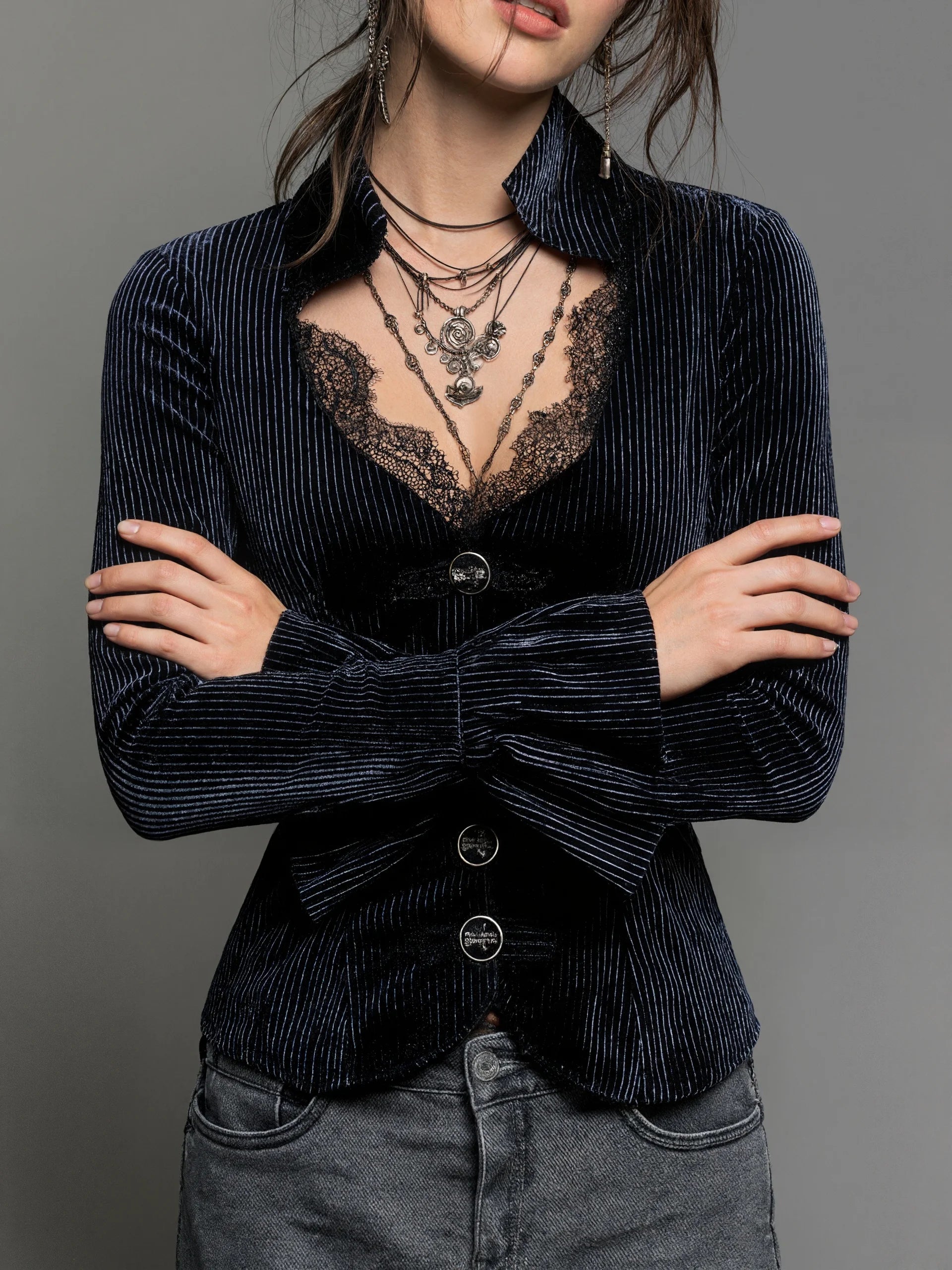 Ingvn  Women's Gothic Elegant Striped Blouse Lace Trim Sexy V Neck Long Bell Sleeve Button Front Shirt Vintage Punk Party Tops
