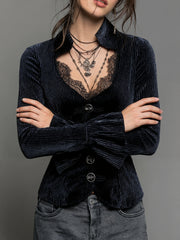 Ingvn  Women's Gothic Elegant Striped Blouse Lace Trim Sexy V Neck Long Bell Sleeve Button Front Shirt Vintage Punk Party Tops