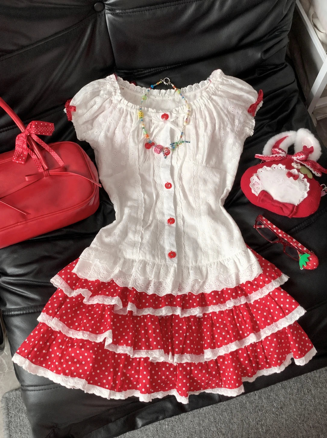 Ingvn  American Vintage Y2K 2‑Piece Sets Japanese Kawaii Crop Top Blouse and Mini Skirts Sweet Holiday Casual Outfits for Women