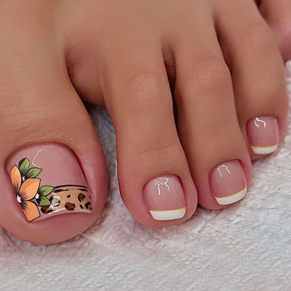 Ingvn  24Pcs Ins Colorful Rainbow Toe Nail Tips Wearable Short Square Head Press on False Nails Glitter Cat's Eye Fake Manicure Summer