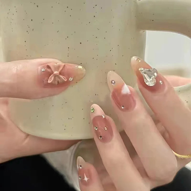 White French Press on Nails 3D Bowknot Designs Nude Color Fake Nails Wearable False Nails Tips for Women DIY Manicure 24Pcs