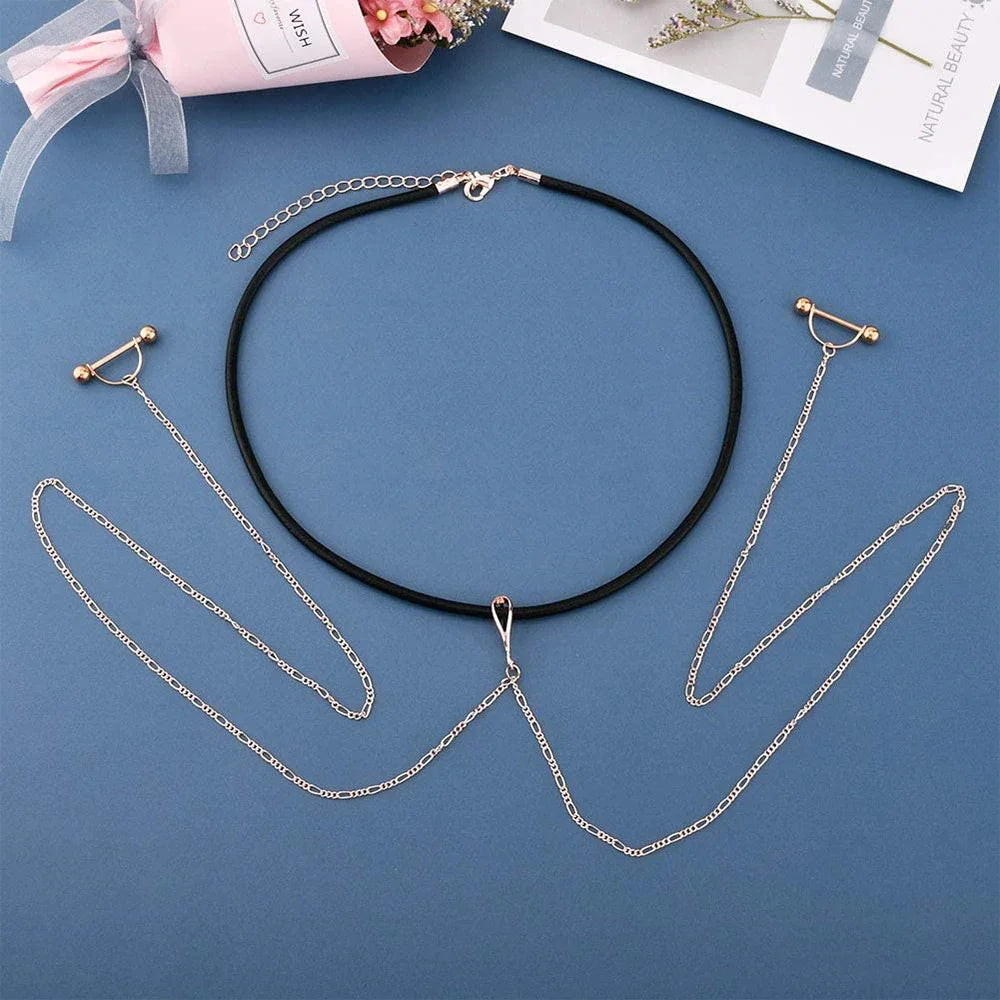 Ingvn  Fake Nipple Rings Chain Punk Chokers Velvet Gothic Choker Necklaces Stainless Steel for Women Nipple Barbell Piercing Jewelry