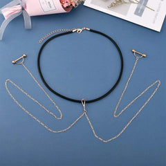 Ingvn  Fake Nipple Rings Chain Punk Chokers Velvet Gothic Choker Necklaces Stainless Steel for Women Nipple Barbell Piercing Jewelry