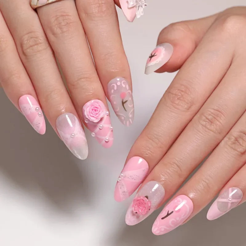 Ingvn  24Pcs Cute Pink 3d Flower Bow Almonds Medium Long Cheap False Nails Prosthetic Nail Set Sweet Paste Nails Nails Press On