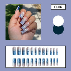 24pcs Y2k Summer Sea Blue Gradient Fake Nails With Water Ripples Designs Long Square Coffin False Nails Set Press On Nail Tips