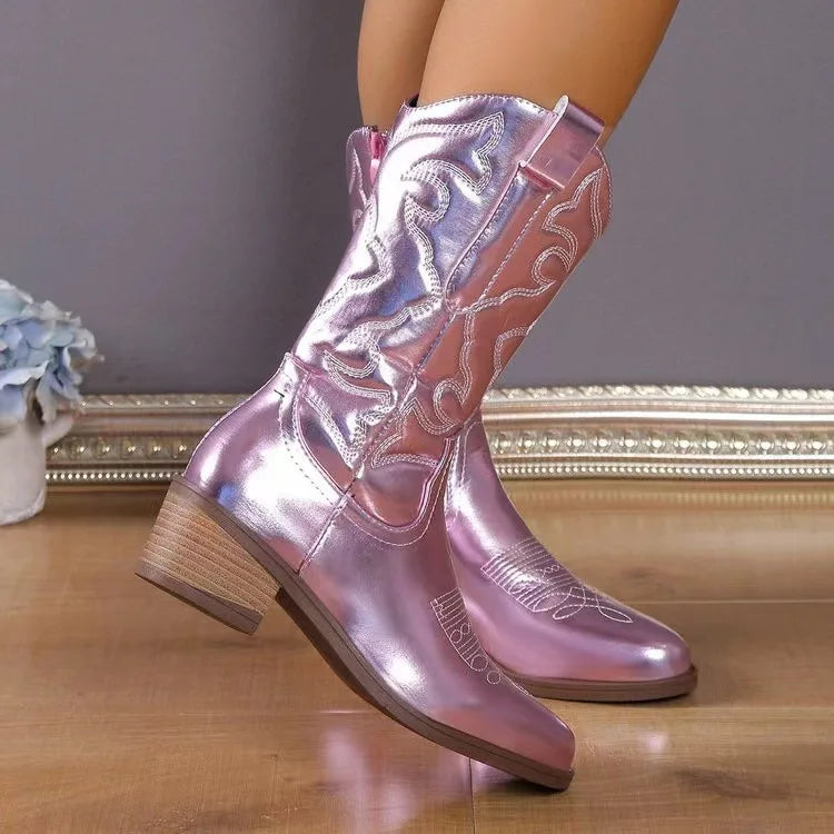 Ingvn  Fashion Mid-calf Boots Woman Side Zipper Pointed Western Cowboy Boots Retro Candy Color Women Boots Plus Size 36-43 Botas Mujer