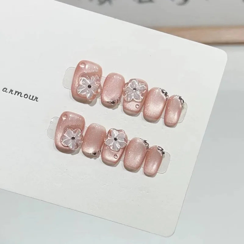 Ingvn  10pcs Handmade Cat Eye Fake Nails Press on 3d Crystal Flower Decorated False Nails Girls Nail Tips Self-adhesive Press on Nail