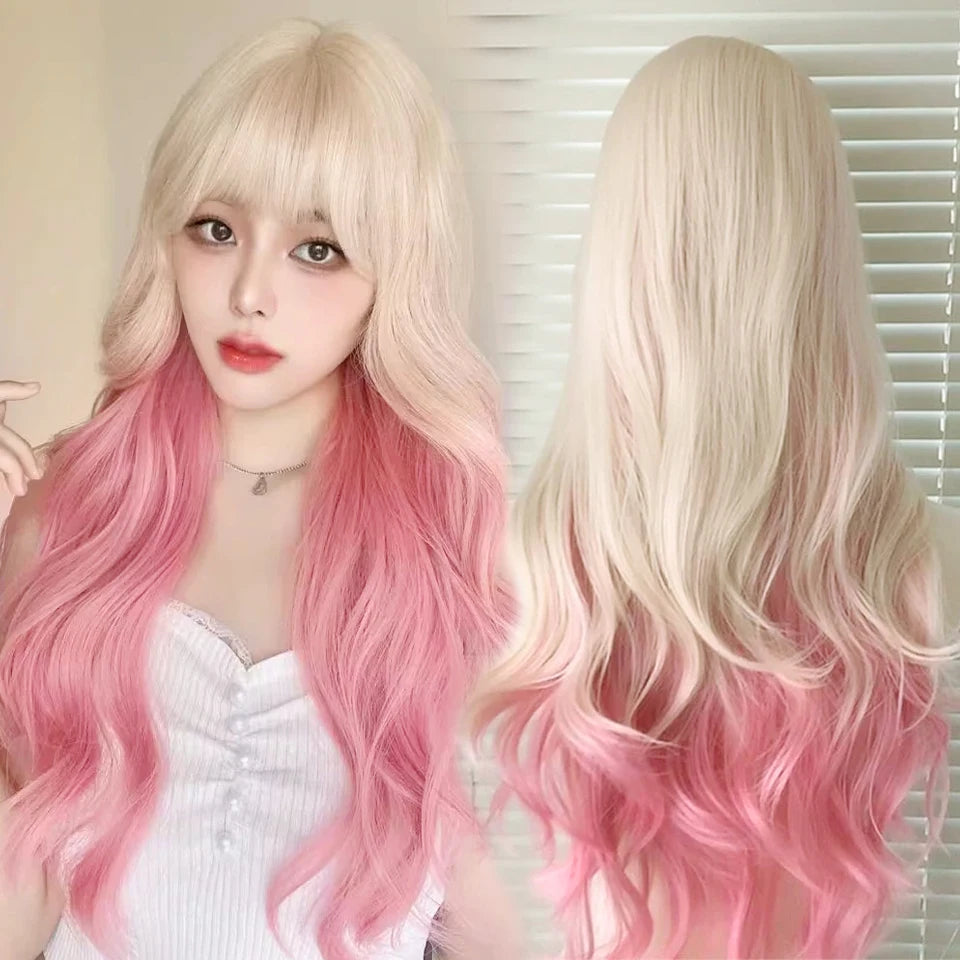 Ingvn  Long Wavy Pink Wig with Bangs Synthetic Cosplay Natural Lolita Purple Green Wig Halloween Costume Wig for Women Daily Wear