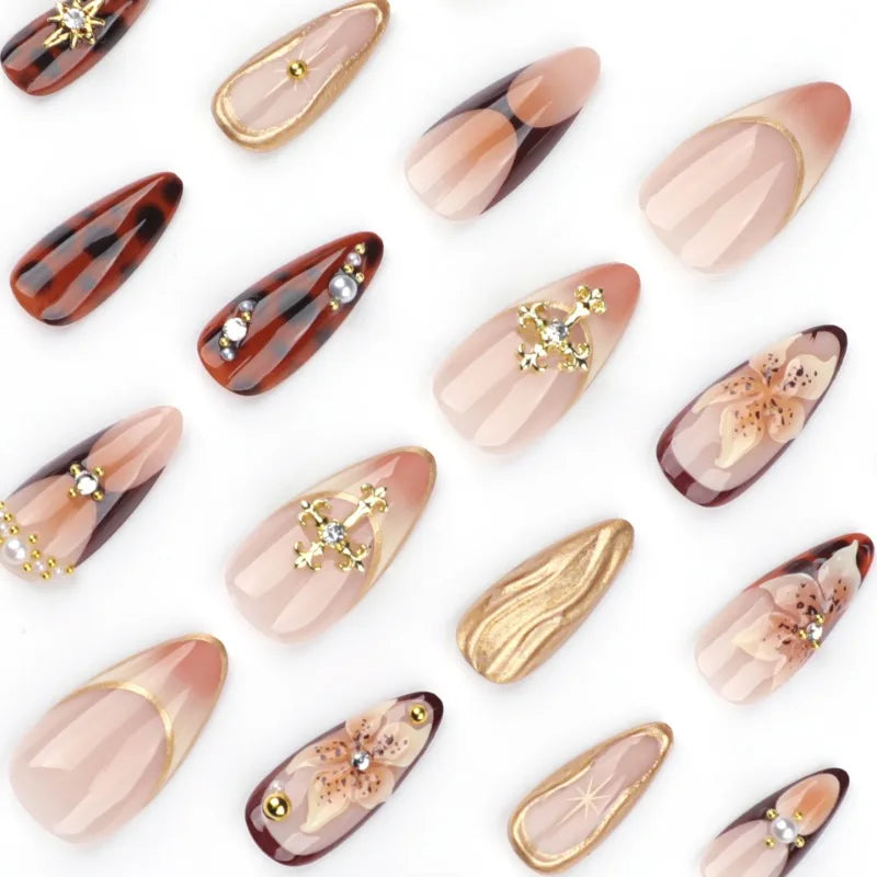 Ingvn  24 Pcs 3d Flowers False Nails To Stick Long Beautiful nail Tips Almonds Nails Press Ons for Women Holiday Prosthetic Nail Set