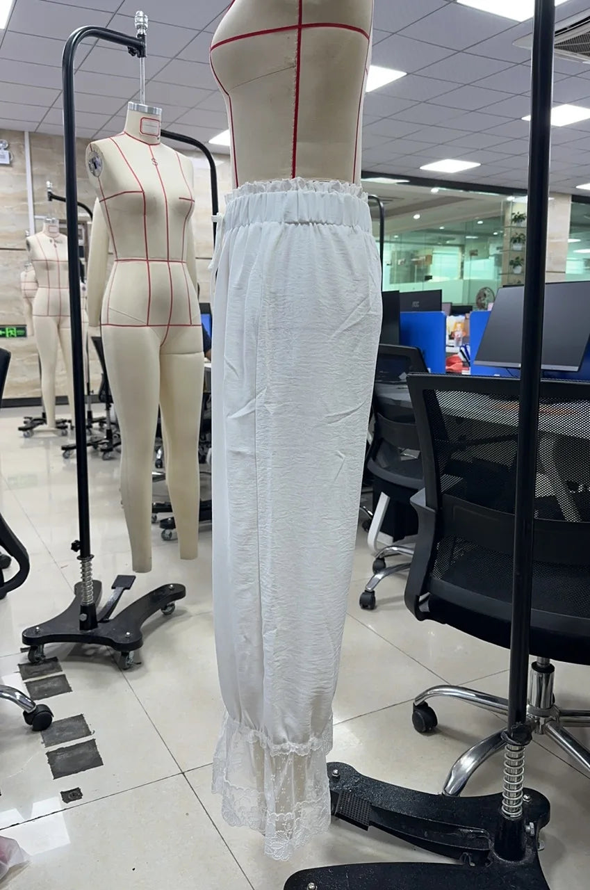 Ingvn  Women Mesh See-through Floral Lace Patchwork Ruffle Hem Bloomer Pants Loose Drawstring Elastic Waist Cropped Trousers