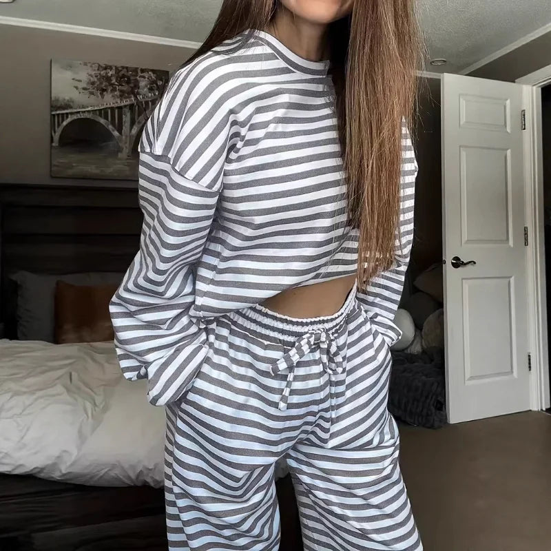 Ingvn - Women's 2 Piece Loungewear Set Red White Stripe Oversized Long Sleeve Top Wide Leg Pants Casual Loose Home Wear Outfit