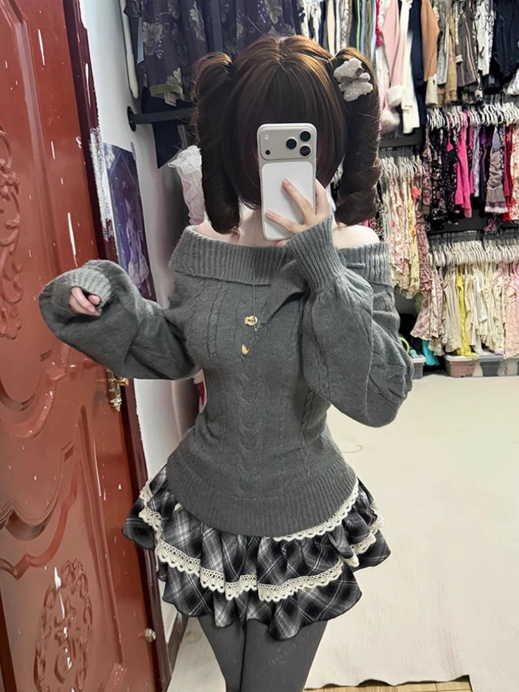 Ingvn  Japanese Style Kawaii Set Girls Solid Knitted Sweater Slim Plaid Y2k Mini Skirt Harajuku Fashion Suit Woman Chic