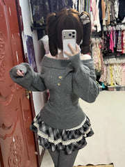 Ingvn  Japanese Style Kawaii Set Girls Solid Knitted Sweater Slim Plaid Y2k Mini Skirt Harajuku Fashion Suit Woman Chic