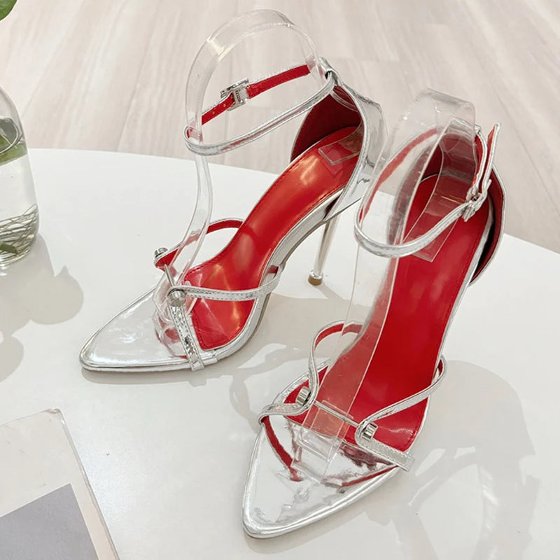 Ingvn  Sexy Gold Silver Ankle Cover Strap Sandals Women Shoes Fashion Metal Decoration Pointed Open Toe Party Club Stripper Heels
