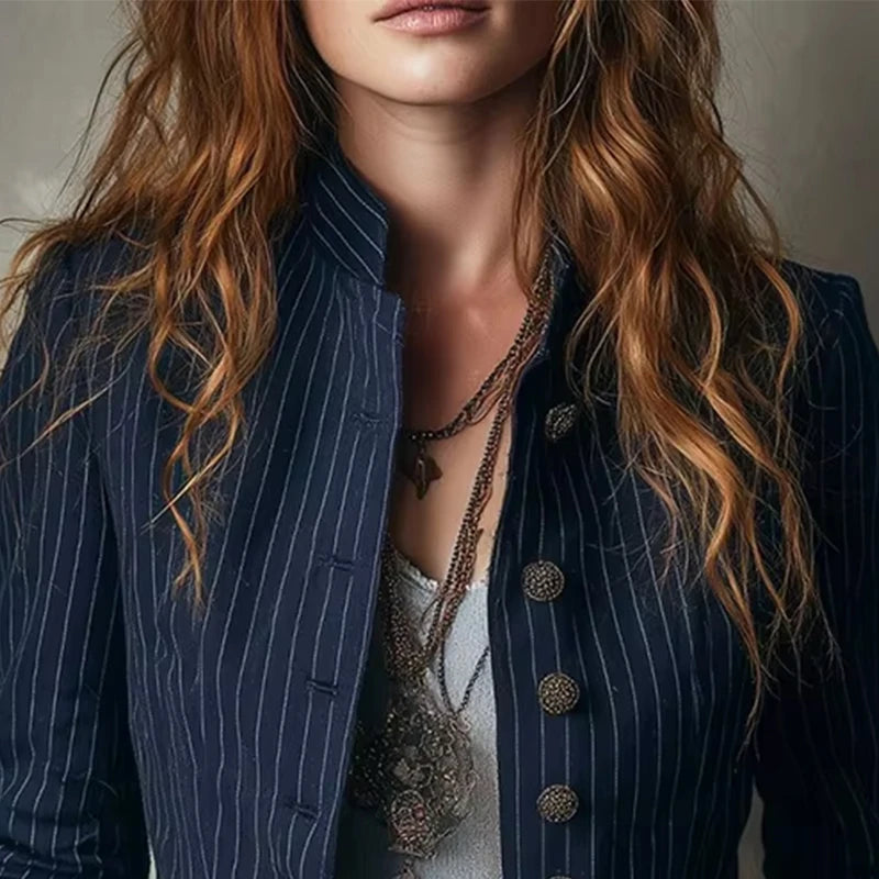 Ingvn  American Style Slim Fit Stripe Jacket Outerwear Lady Autumn Fashion Elegant Stand Collar Single Breasted Coat For Women Top