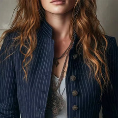 Ingvn  American Style Slim Fit Stripe Jacket Outerwear Lady Autumn Fashion Elegant Stand Collar Single Breasted Coat For Women Top