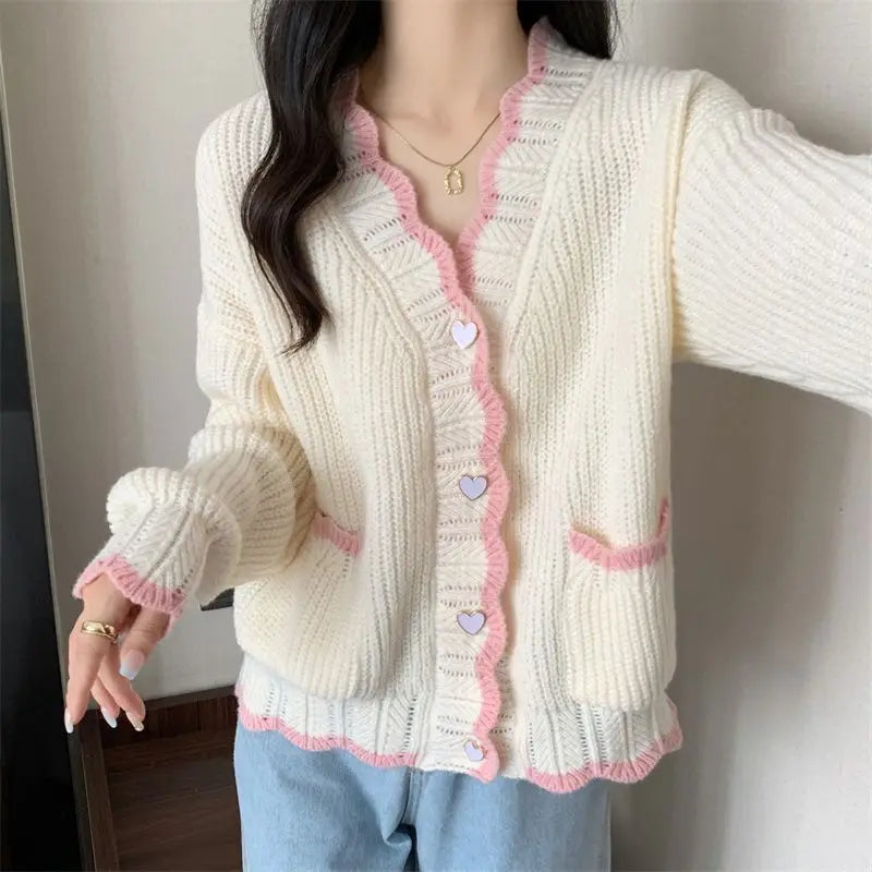 Ingvn - Autumn and Winter Fashion New Korean Heart-shaped Button Knit Cardigan Design Sense Color Blocked V-neck Loose Sweater
