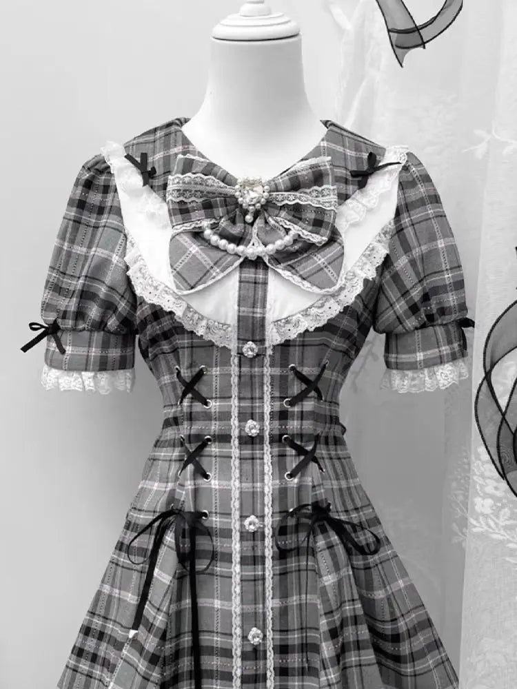 Ingvn  Sweet Bow Slim Shorts Set Women Subcultural Y2k E-girls Mini Dress Tops Lolita Japanese Style Fashion Plaid Dress Suit Chic