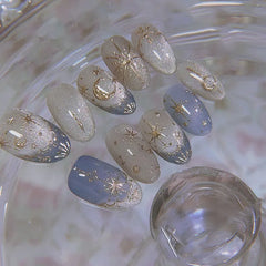 Ingvn  24Pcs Glitter Blue French False Nails Press on Short Round Head Fake Nail with Moon Star Design Artifical Almond Manicure Tips