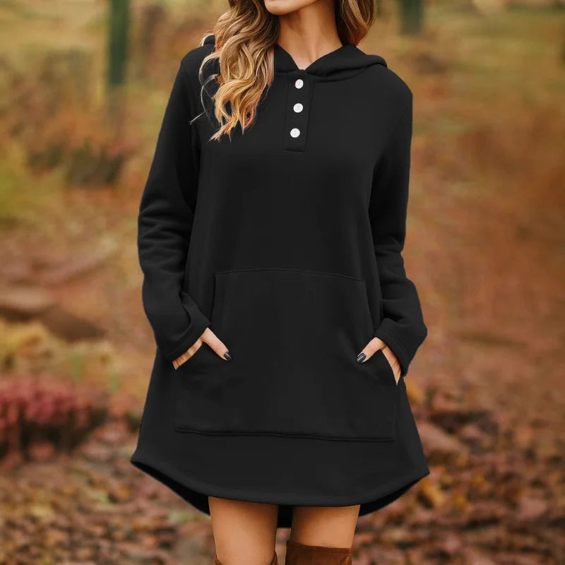 Ingvn - European American Autumn Winter New Style Women Casual Loose Fashion Solid Color Long Sleeve Pocket Pullover Hooded Sweatshirt