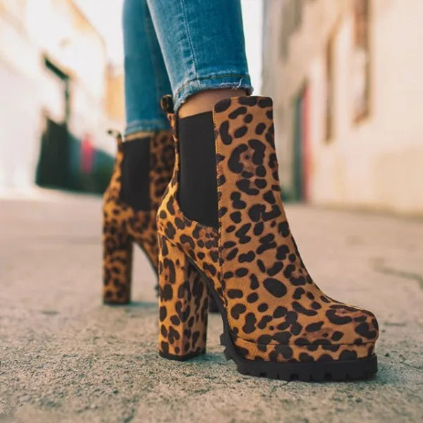 Ingvn  Women Shoes Ankle Boots Woman Sexy High Heels Pattern Chunky Heel Shoes Ladies Female Round Toe Women's Faux Suede Boots