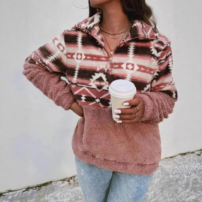 Ingvn - European American Autumn Winter New Arrival Half Zip Fleece Sweatshirt Casual Coat Geometric Pattern Stand Collar Top Women