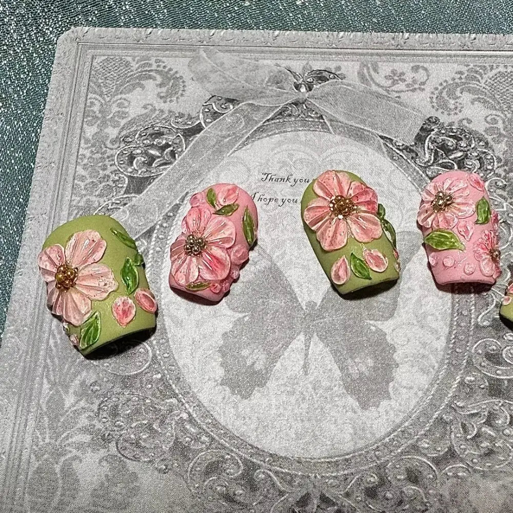 10Pcs Handmade Manicure Short Coffin Fake Nails Flower Limite Nails Press On Nails Design with Adhesive Nail File Set