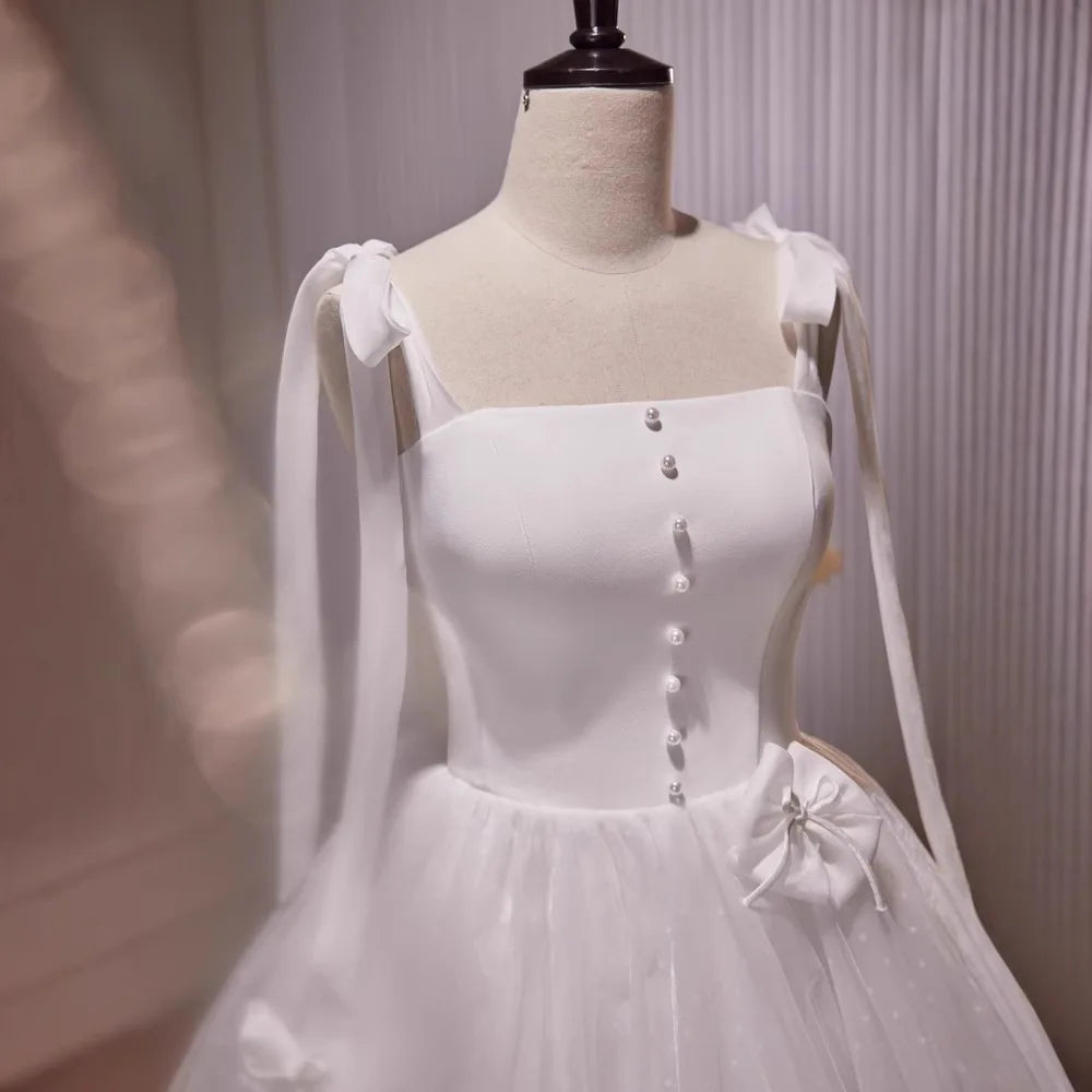 Ingvn  Temperament Socialite Birthday Party Dresses Sleeveless Lace-Up Straps 3D Bow High Waist Mesh Fluffy White Wedding Dress Women