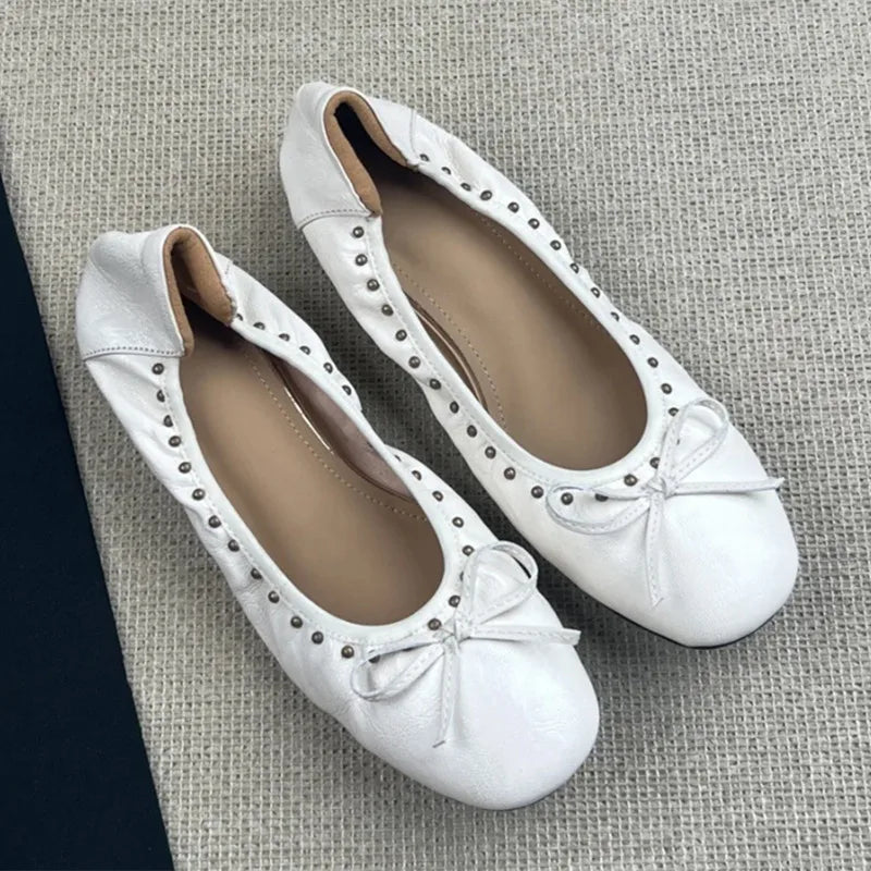 Ingvn  Vintage Rivet Bowknot Women Ballet Pumps Comfortable Soft Leather 3cm Thick Heeled Lazy Loafers Spring Summer Casual Girls Shoes