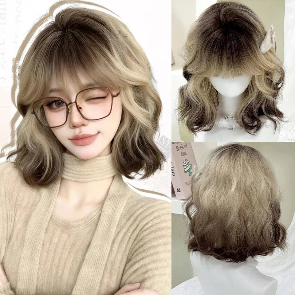 Ingvn  ﻿﻿Short Golden Brown Wig Synthetic Shoulder-Length Layered Straight Hair Lolita Wigs for Women Daily Party Cosplay Halloween Wig
