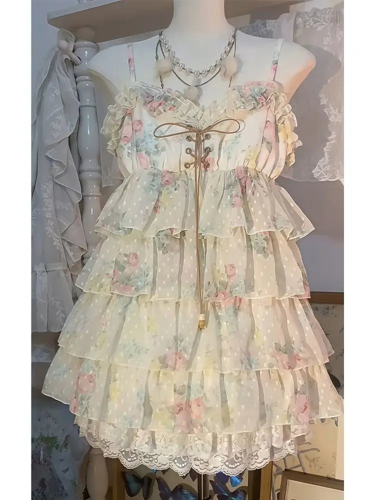 Ingvn  Y2k Sweet Lolita Floral Mini Dress Outfits Women Japanese Vintage Ruffle Dress High Waist Kawaii Cute Casual Dress Chic